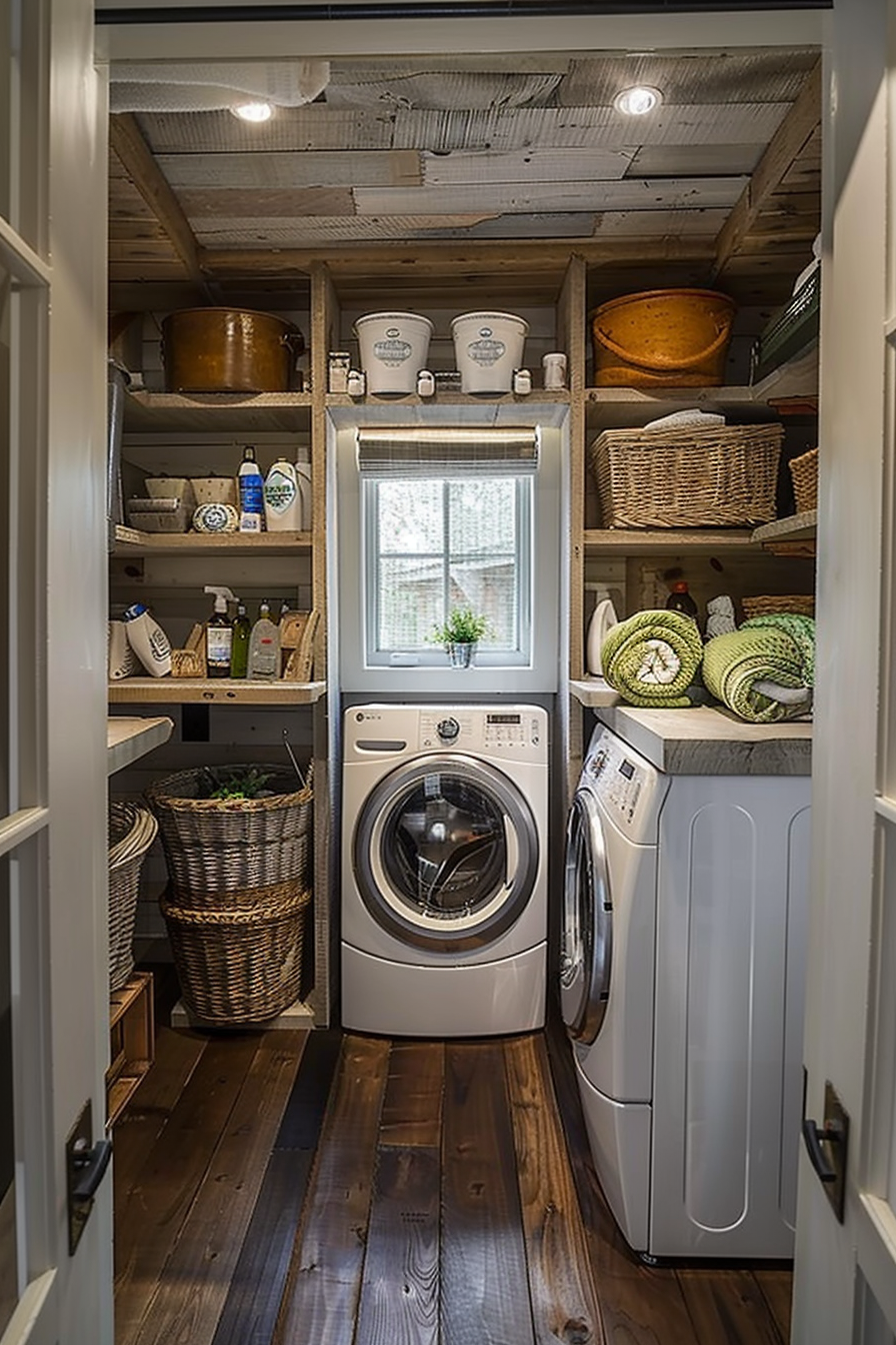 A cozy laundry room with a washing machine and dryer, wooden shelves stocked with supplies, and wicker baskets.