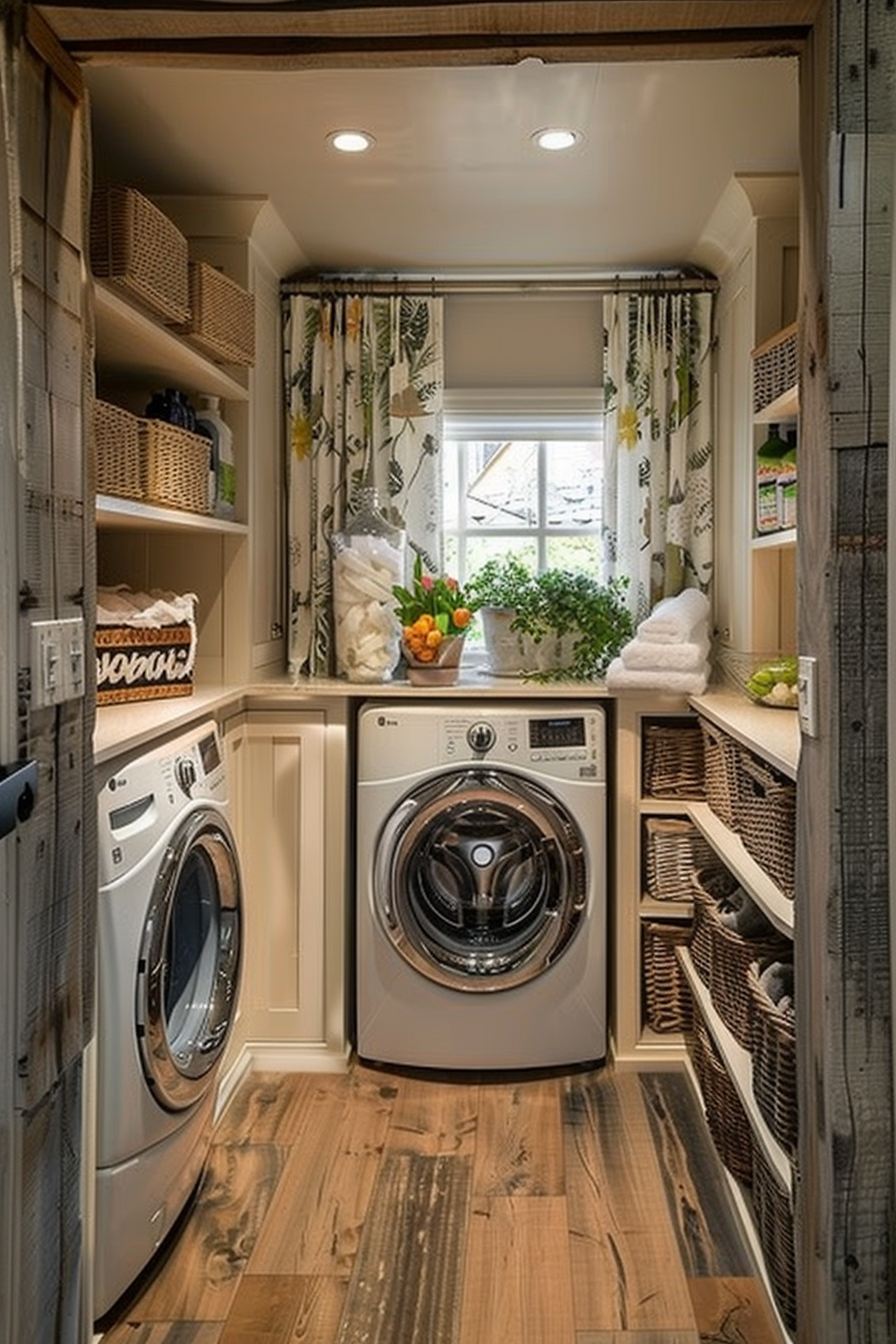 Cozy laundry room with a washer, dryer, wooden shelves with baskets, and a window with floral curtains.