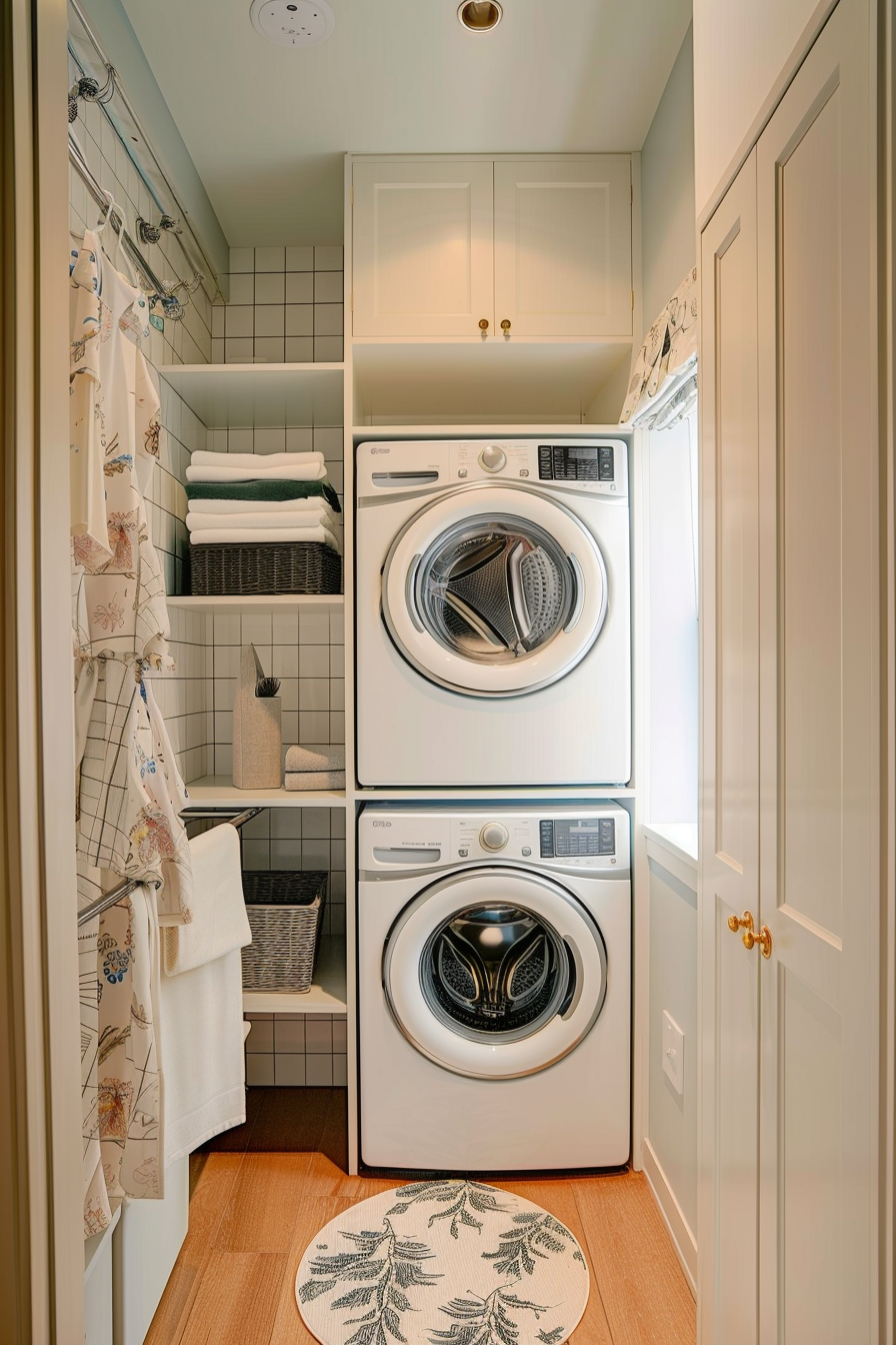 A neatly organized laundry room with stacked washer and dryer, white cabinetry, and patterned textiles.