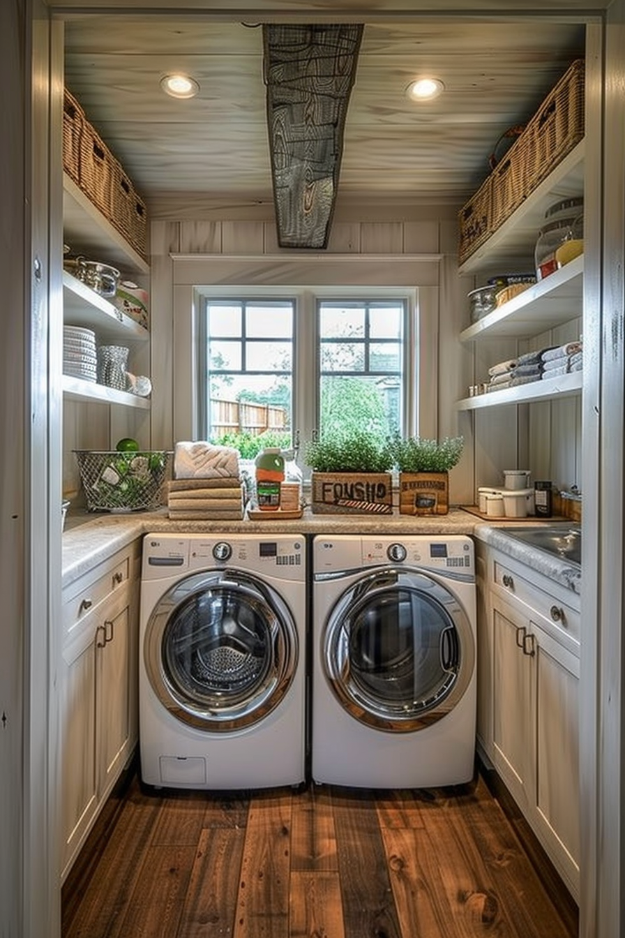 Cozy laundry room with front-loading washer and dryer, wooden floor, white cabinets, and greenery by the window.