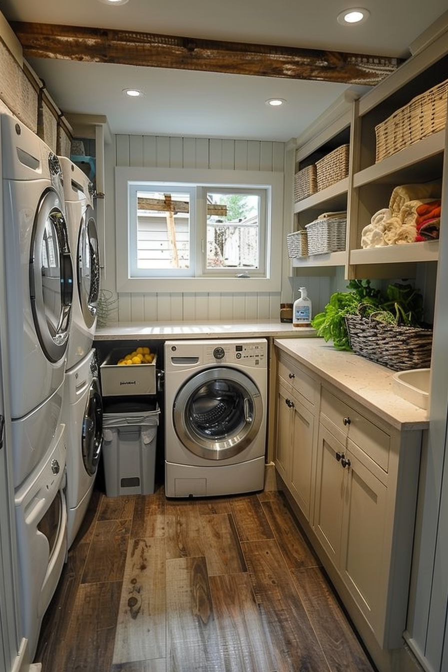 Cozy laundry room with modern appliances, wooden shelves with baskets, and a rustic wooden beam under a bright window.