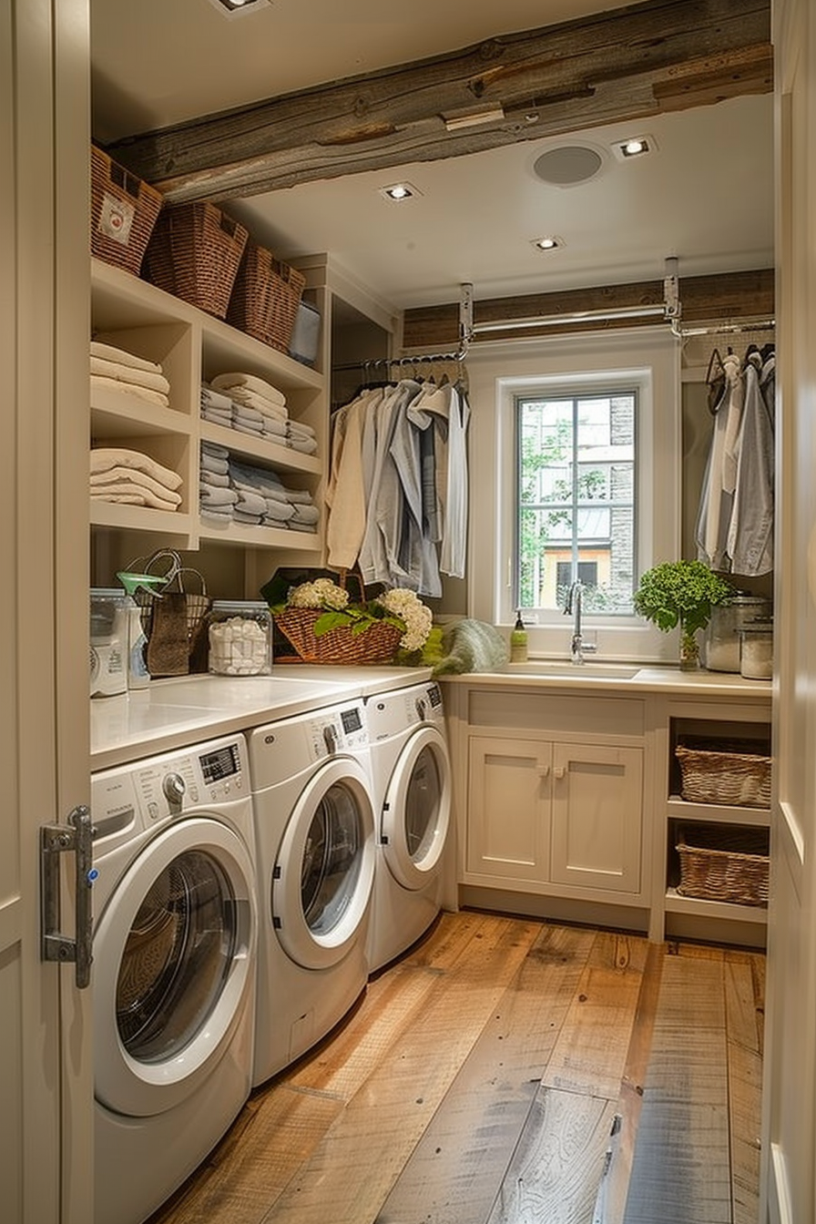 Cozy laundry room with wood accents, storage shelves, two washing machines, sink, and a window letting in natural light.
