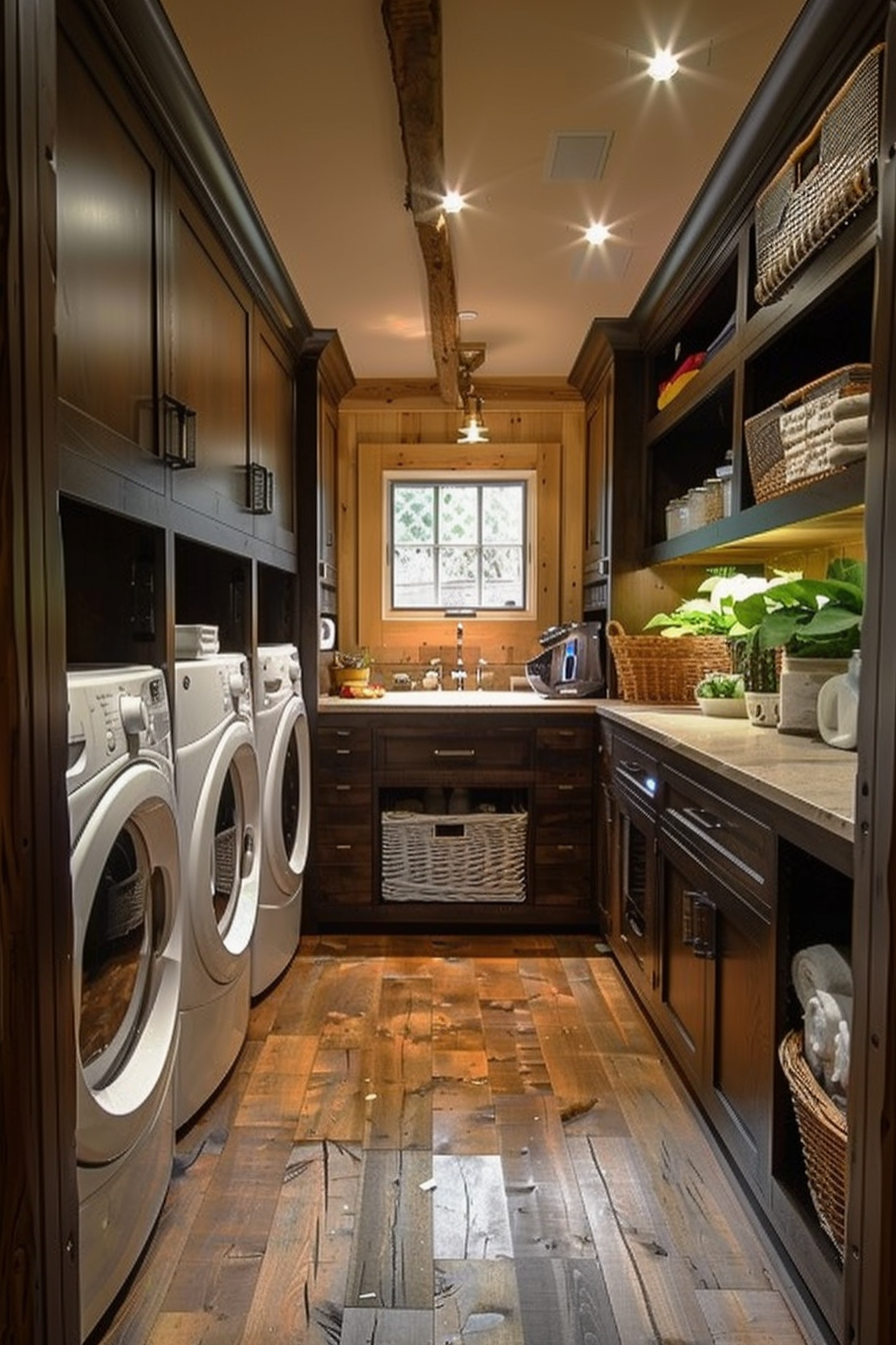 Rustic laundry room with two washing machines, dark cabinets, a wooden countertop, a central beam, and hardwood flooring.