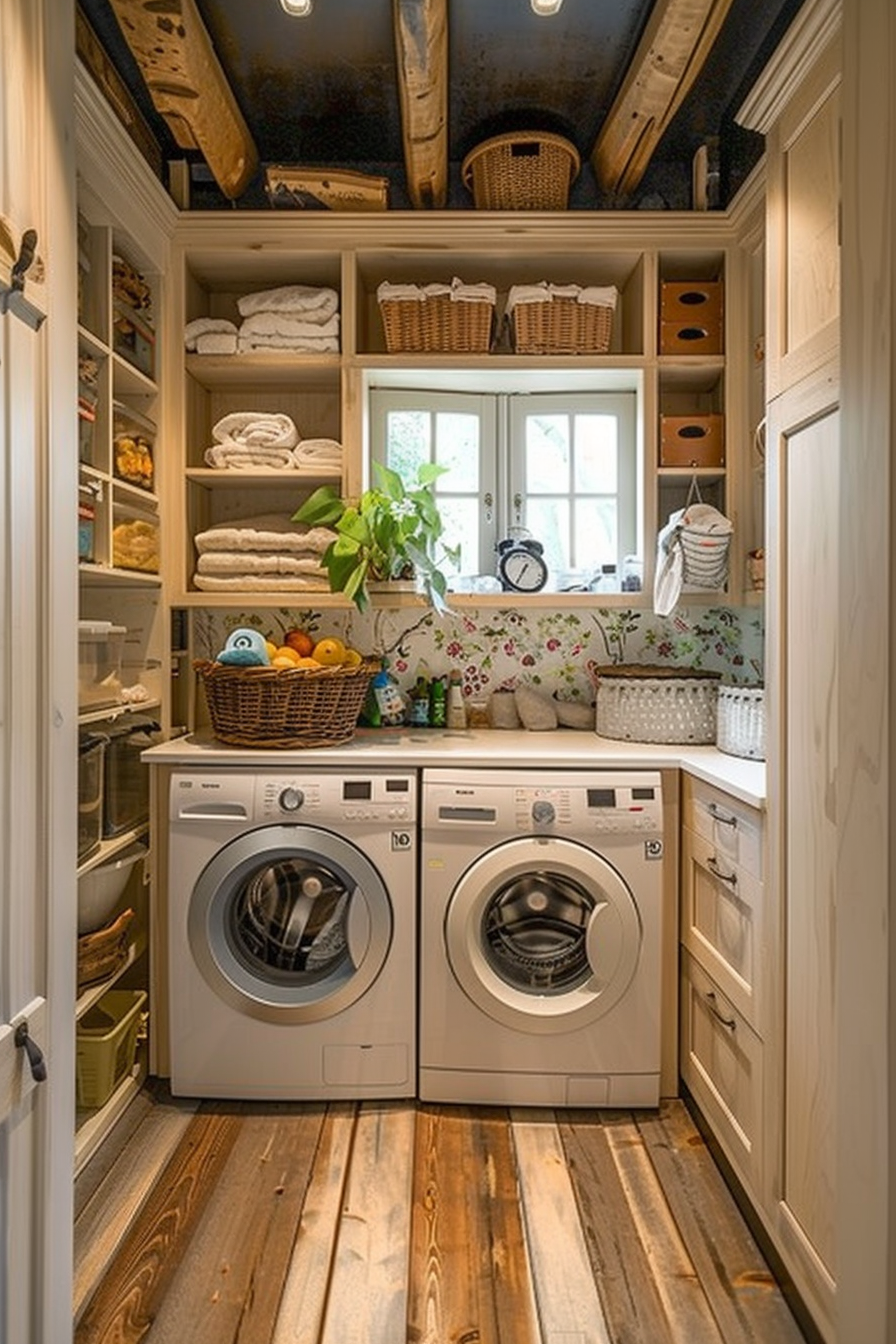 Cozy laundry room with wooden floors, washing machine and dryer, shelved storage with linens and baskets, and a window.