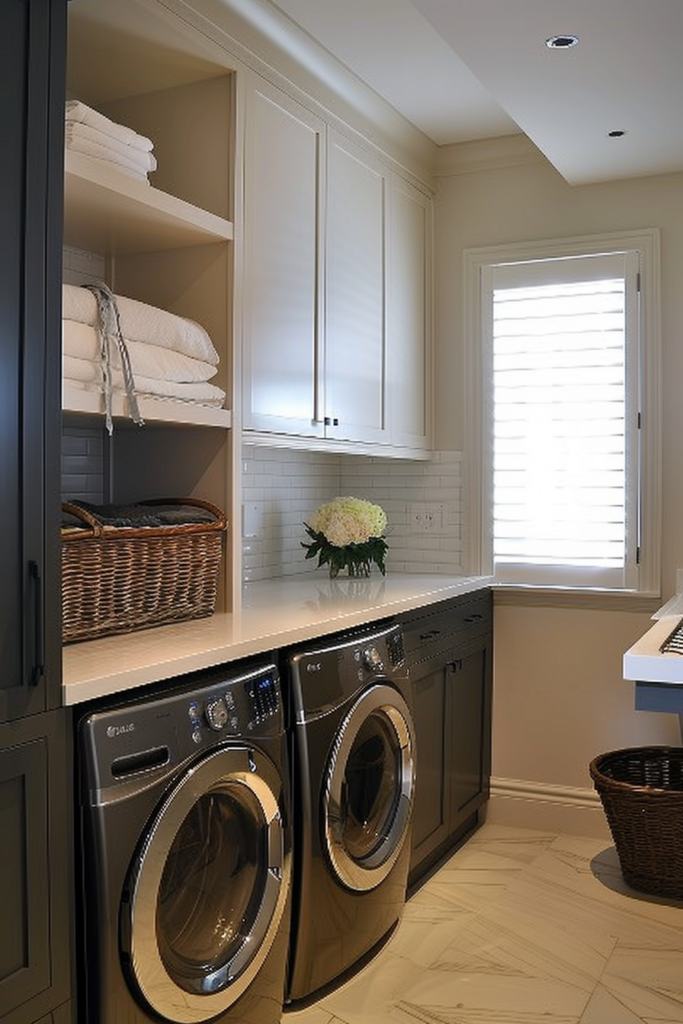 Elegant laundry room with modern washer and dryer, white cabinetry, herringbone floor, and a bouquet of flowers on the counter.