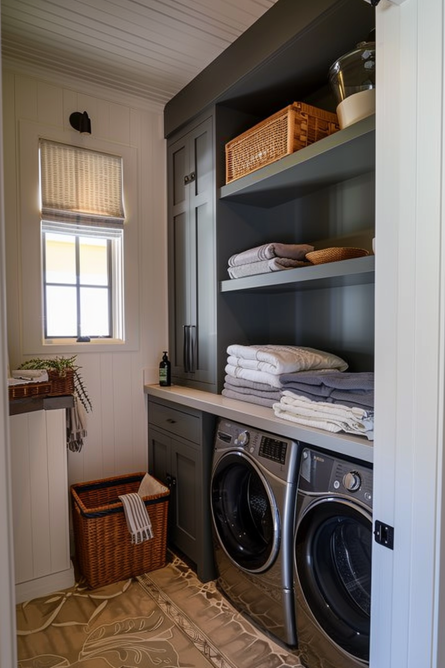 Modern laundry room with gray cabinets, built-in washer and dryer, open shelving with towels, and a wicker basket.