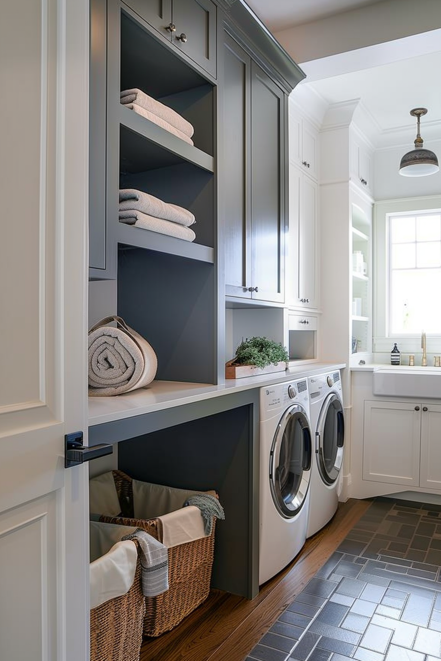 Elegant laundry room with stacked towels, front-loading machines, woven baskets, and white cabinetry against dark gray shelves.