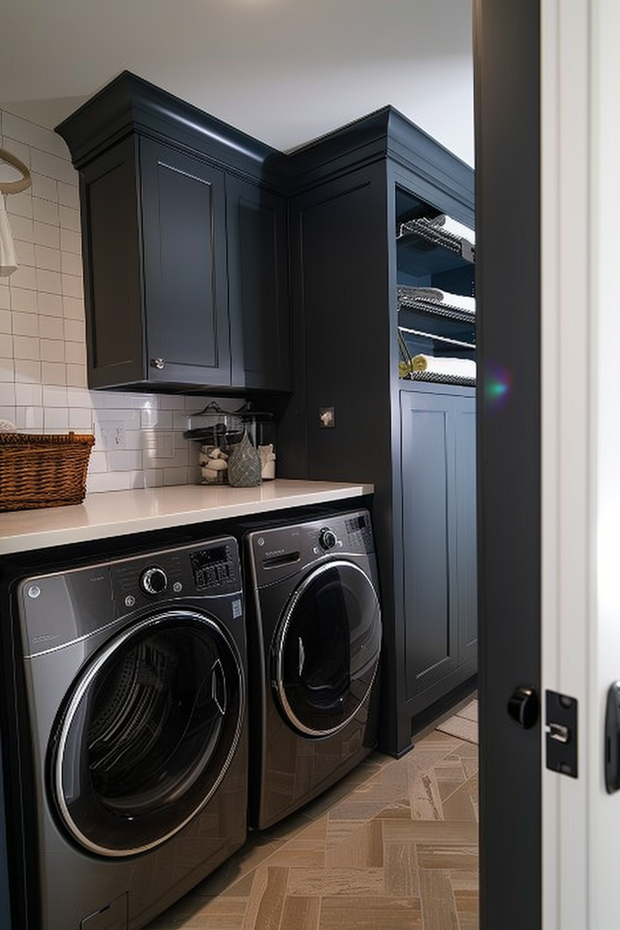 A modern laundry room with dark cabinetry, front-loading washer and dryer, white countertops, and herringbone-patterned floor.