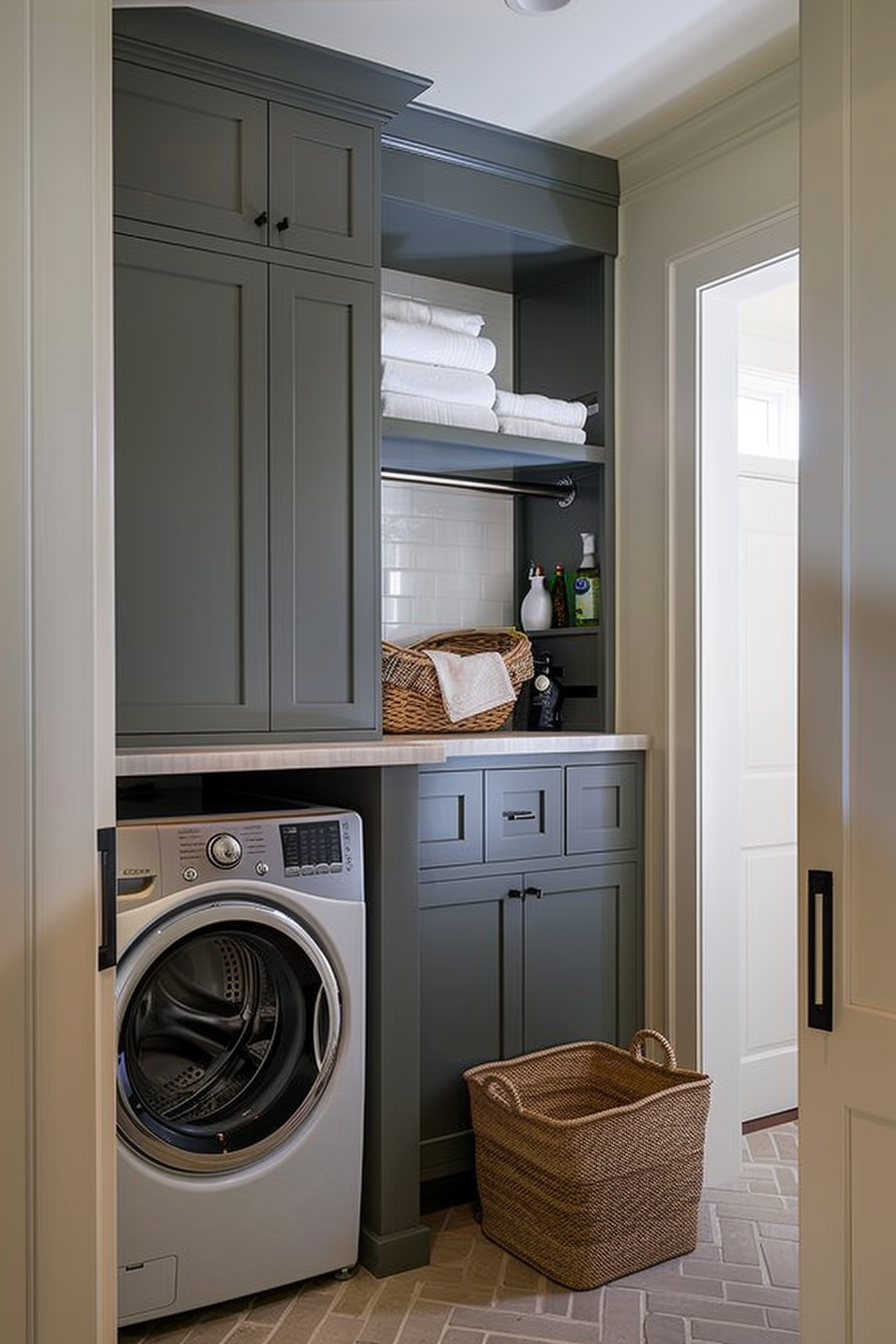 Laundry room with a front-loading washer, gray cabinetry, a wicker basket, and stacked white towels on shelves.