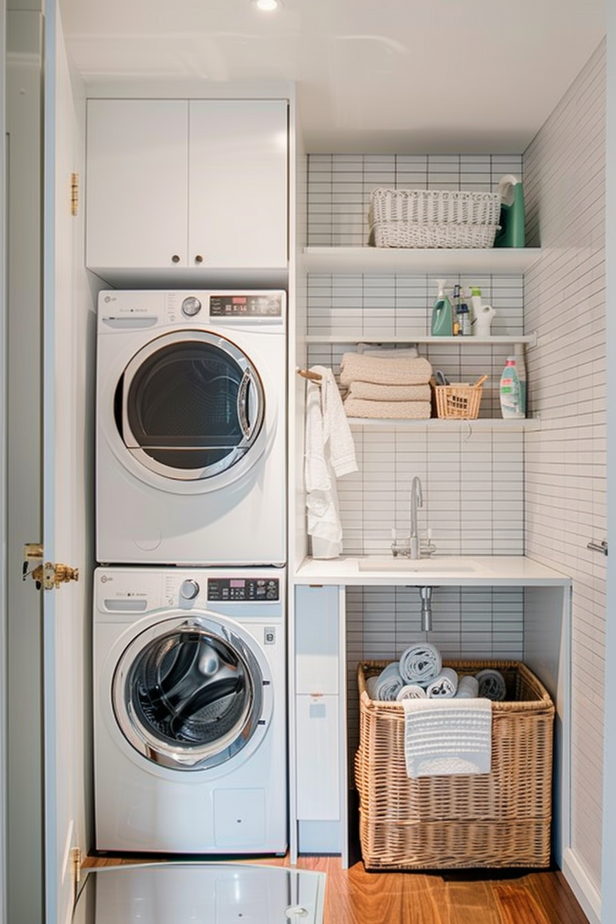 A modern laundry room with stacked washer and dryer, shelves with cleaning supplies, towels, and a wicker basket.