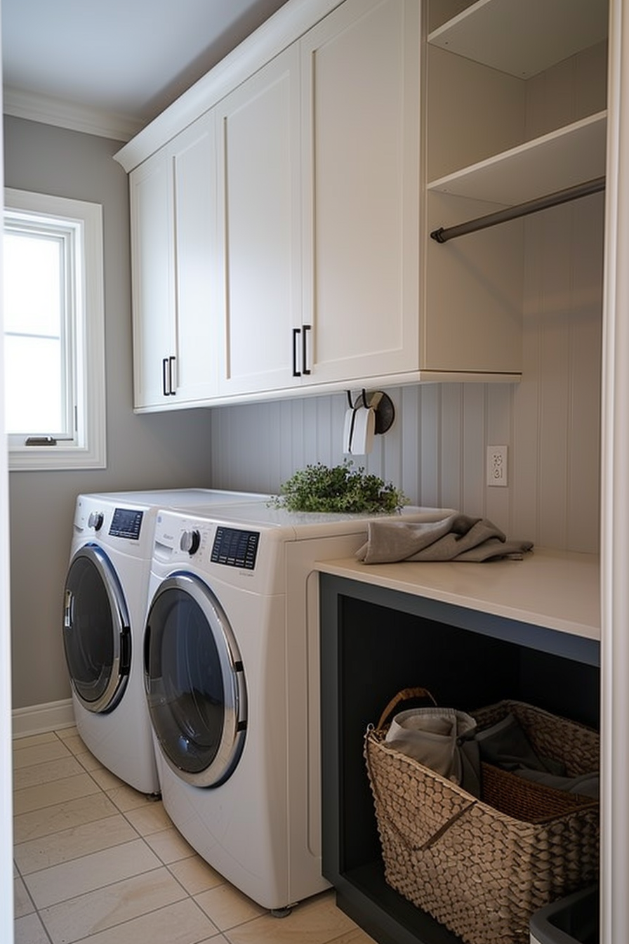 A modern laundry room with a front-load washer and dryer, white cabinetry, and wicker laundry basket.