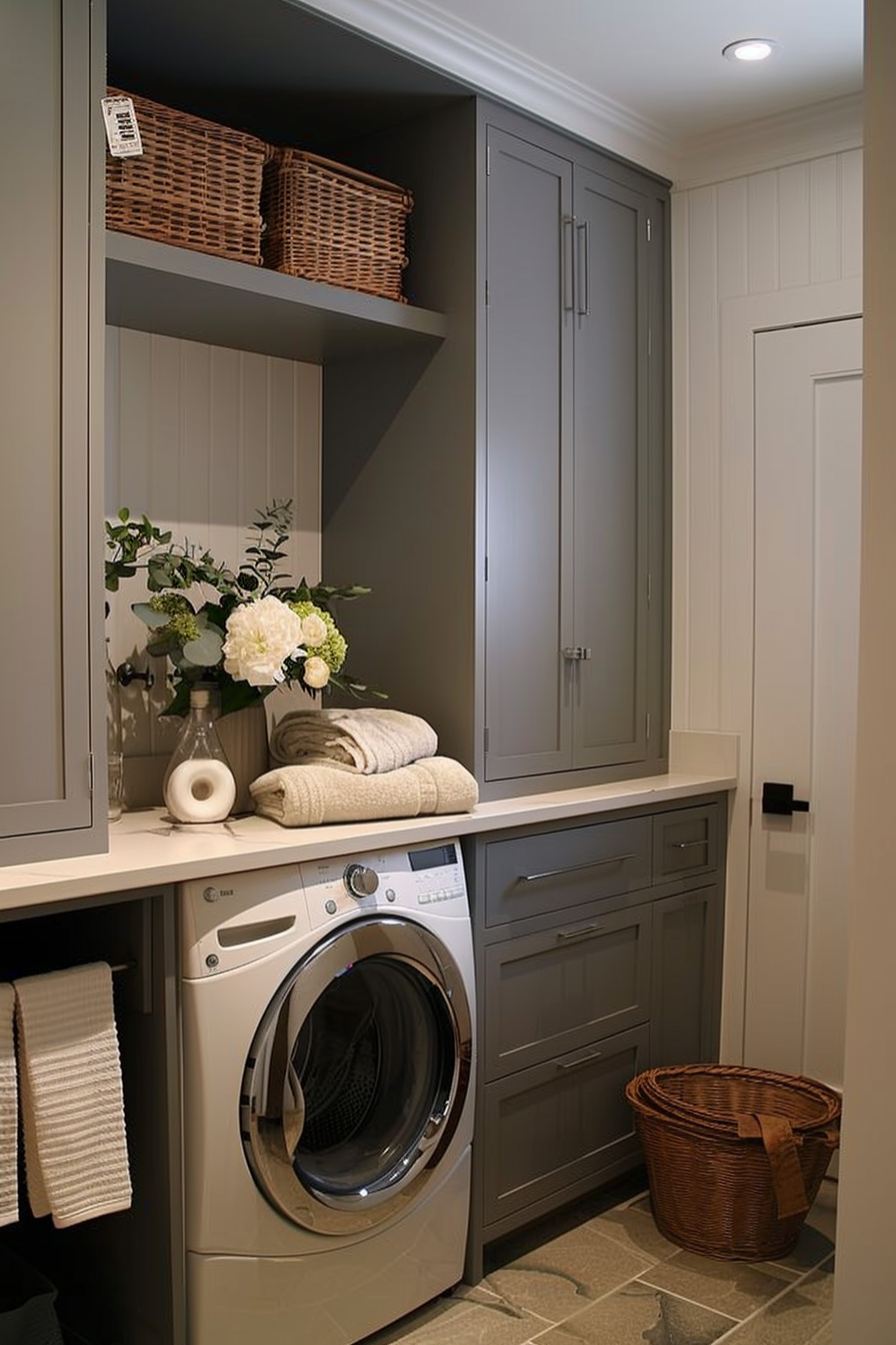 Elegant laundry room with gray cabinetry, front-load washer, folded towels, and decorative flowers.