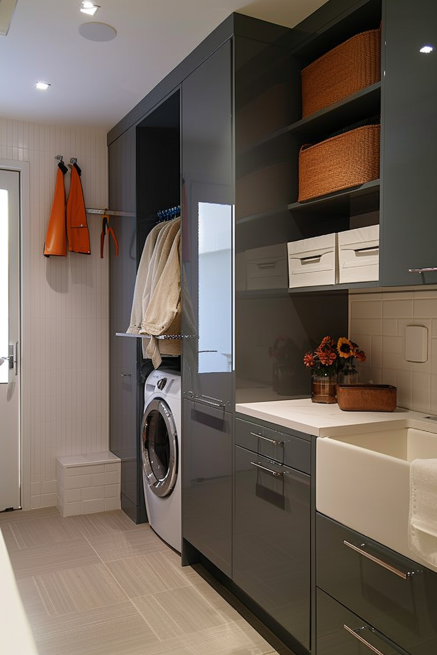 Modern laundry room with washing machine, grey cabinets, white countertops, and neatly stored household items.
