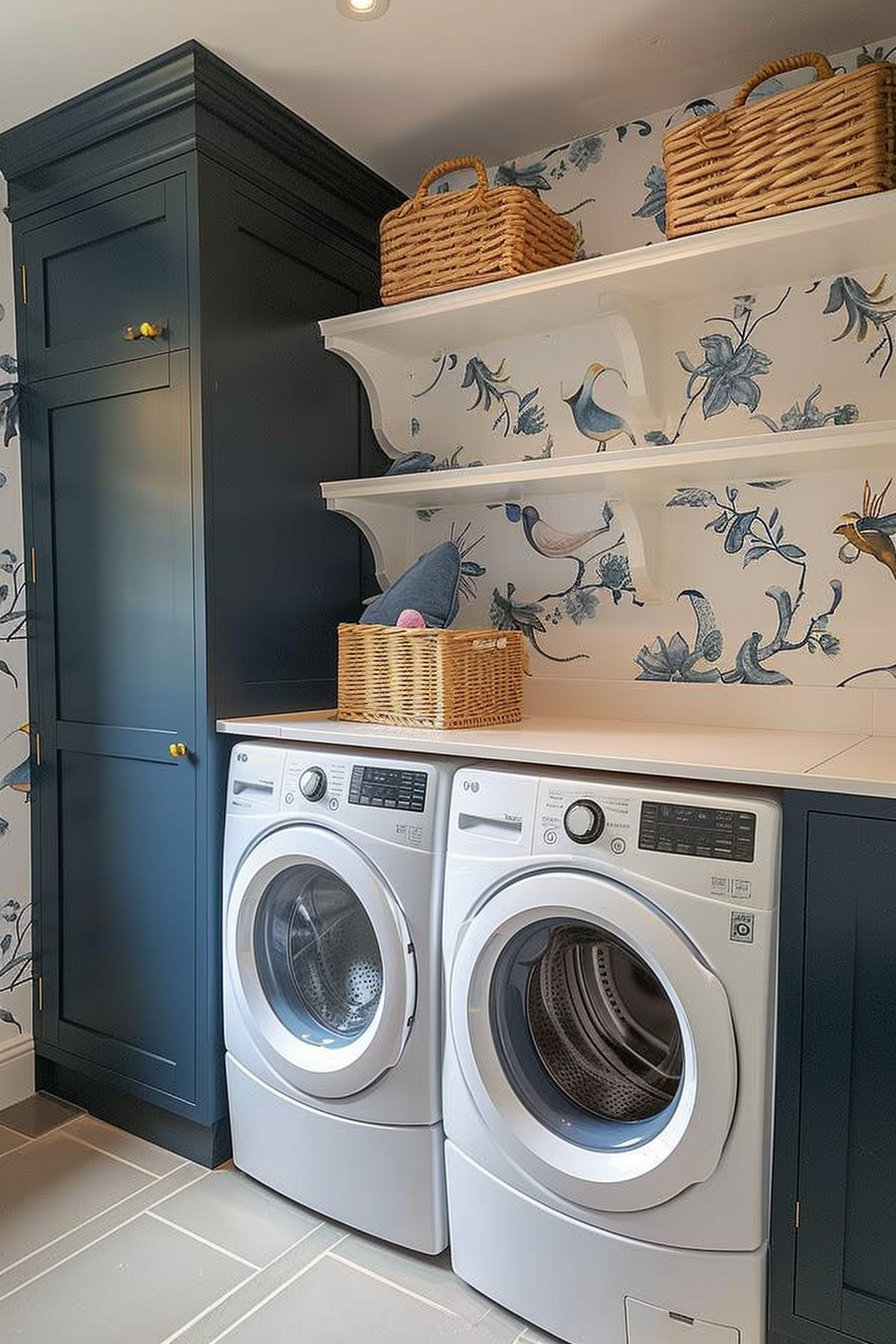 Elegant laundry room with two white washing machines under a shelf with wicker baskets, navy cabinetry, and bird-patterned wallpaper.