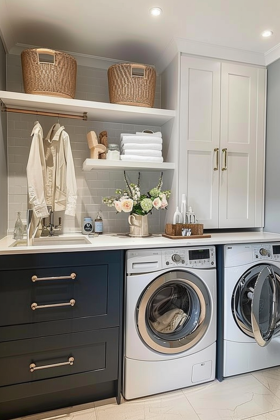 A modern laundry room with dark cabinets, white washer and dryer, floating shelves with baskets and towels, and a vase of flowers.