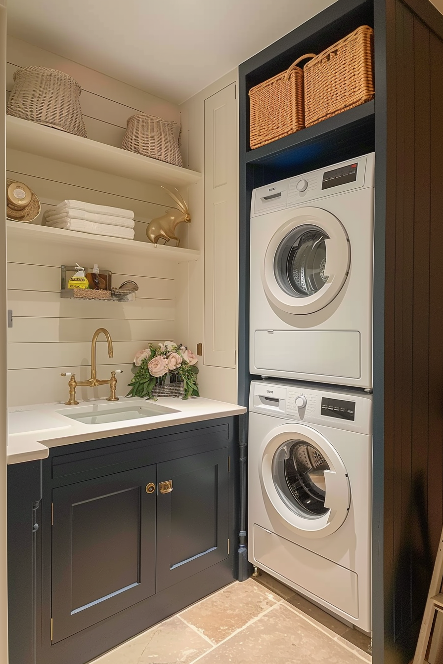 A stylish laundry room with stacked washer and dryer, black cabinets, shiplap walls, and wicker baskets.