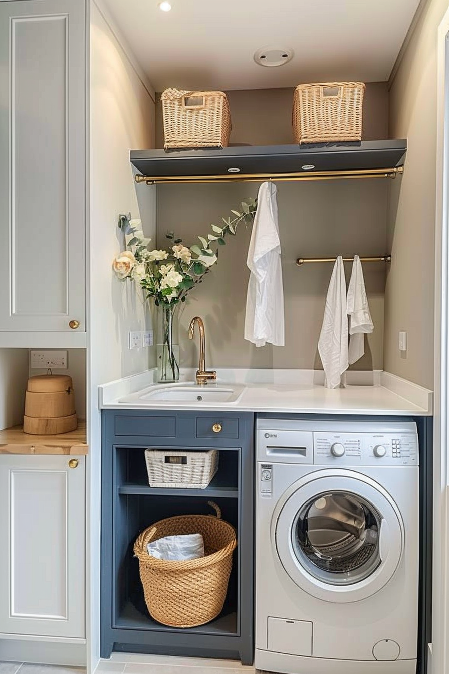 Elegant laundry room with washing machine, sink, and storage baskets on shelves, amidst a clean, neutral color scheme.