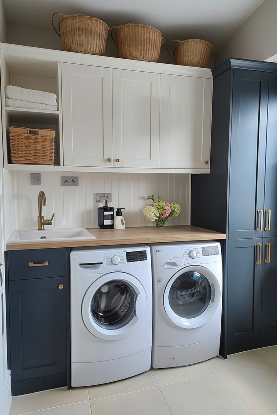 Modern laundry room with white washing machines, navy blue cabinets, white countertops, and wicker baskets on shelves.
