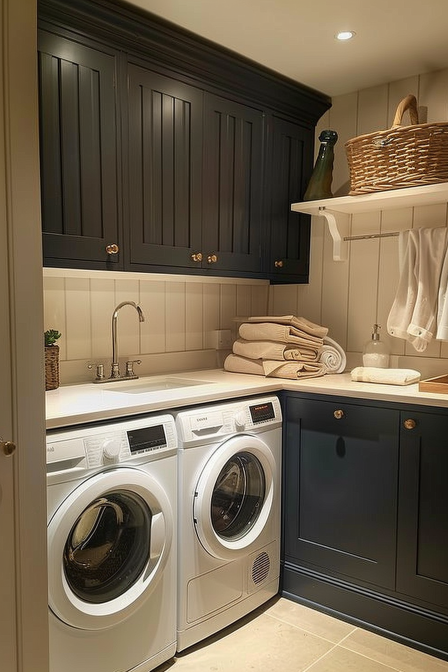 Elegant laundry room with black cabinetry, white washer and dryer, a sink, and beige tiled flooring.