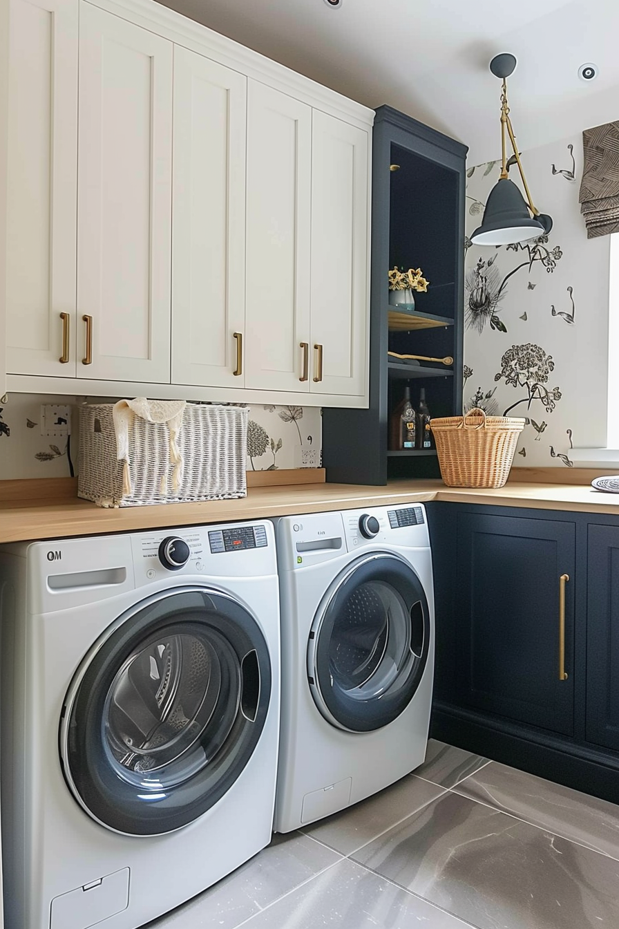 A stylish laundry room with white cabinets, wooden countertop, and modern washing machines under blue painted walls with floral wallpaper.