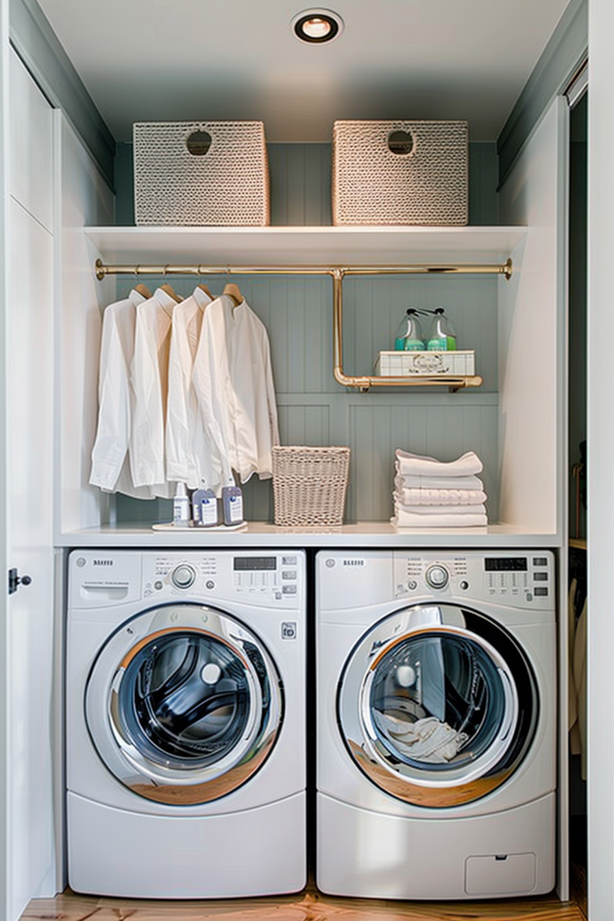 A neatly organized laundry closet with stacked washing and drying machines, shelves with baskets, and hanging white shirts.