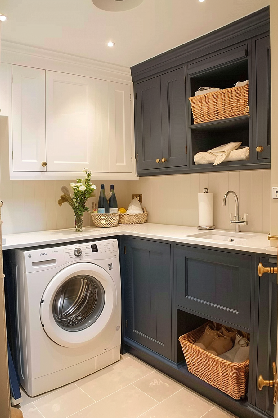 A modern laundry room with white and navy cabinets, a washing machine, sink, and decorative wicker baskets.