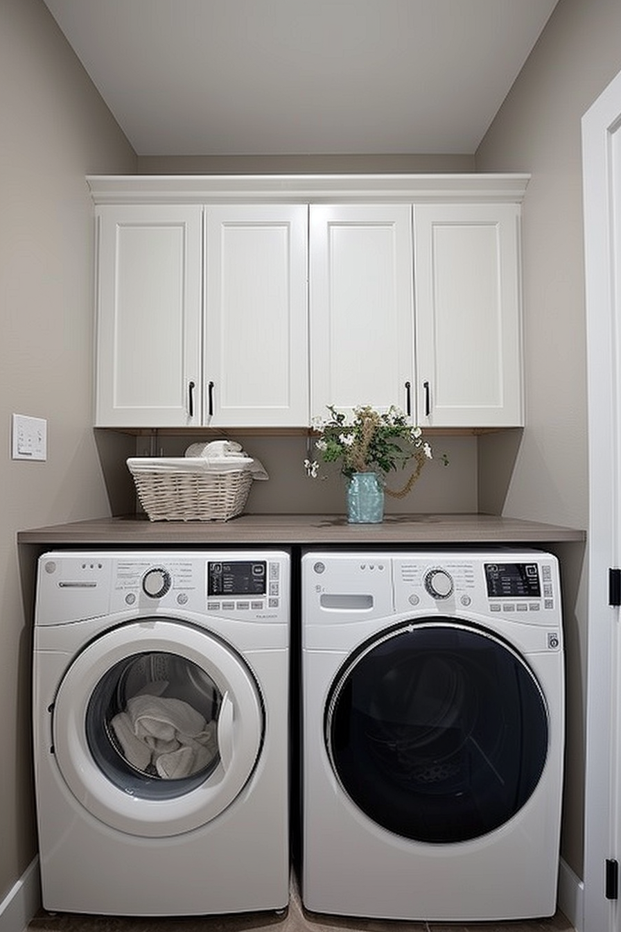 Modern laundry room with white washer and dryer, overhead cabinets, and a wicker basket on a countertop.