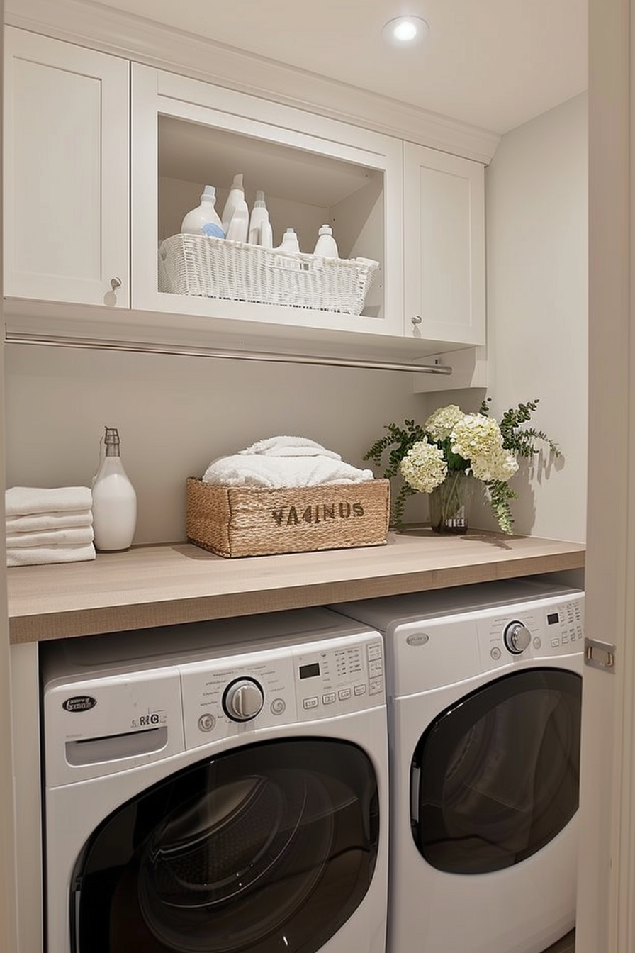 Modern laundry room with stacked washer and dryer, white cabinets, and neatly organized laundry supplies and towels.