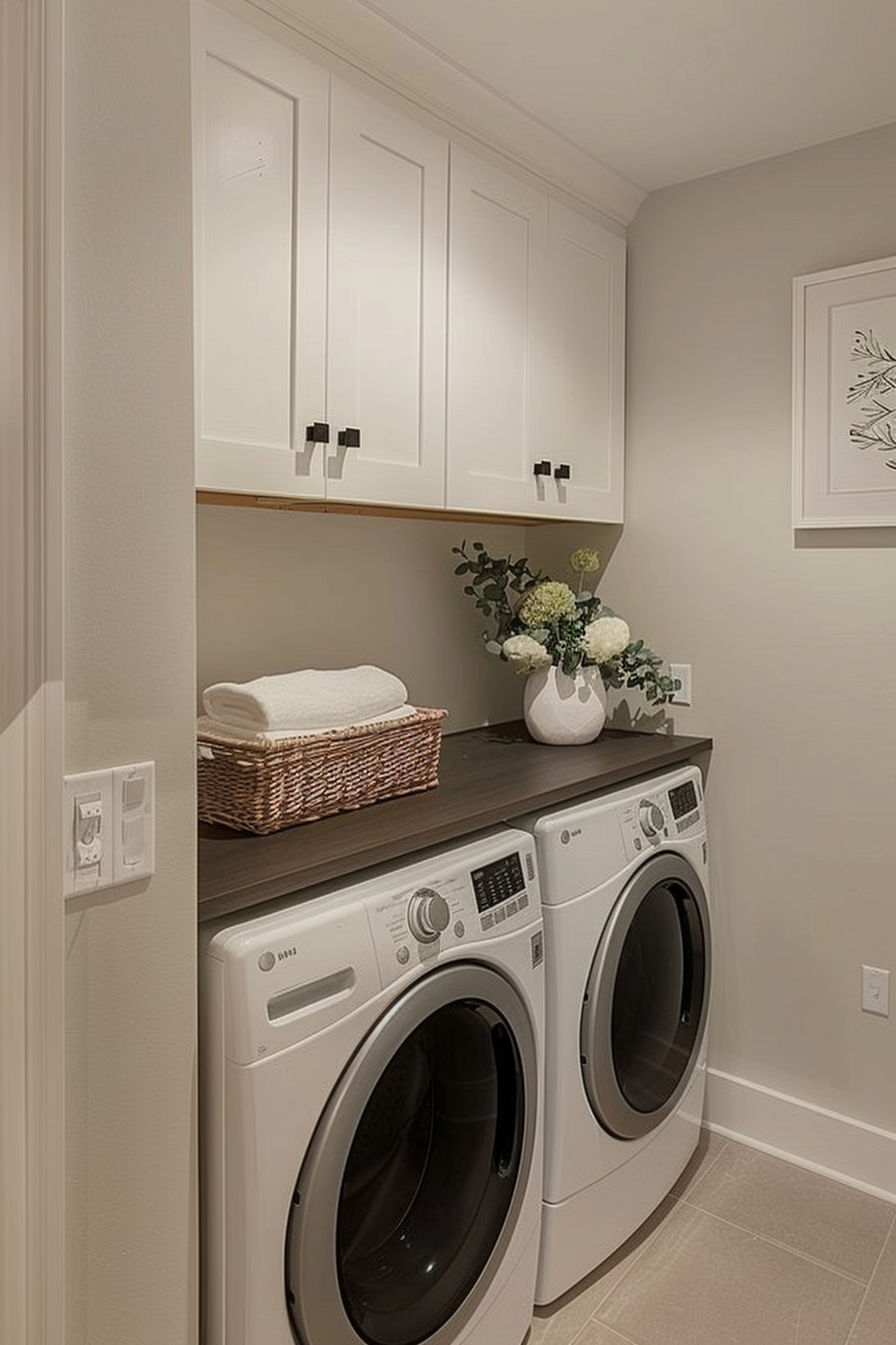 Modern laundry room with white cabinets, front-loading washer and dryer, and decorative vase with flowers on a shelf.