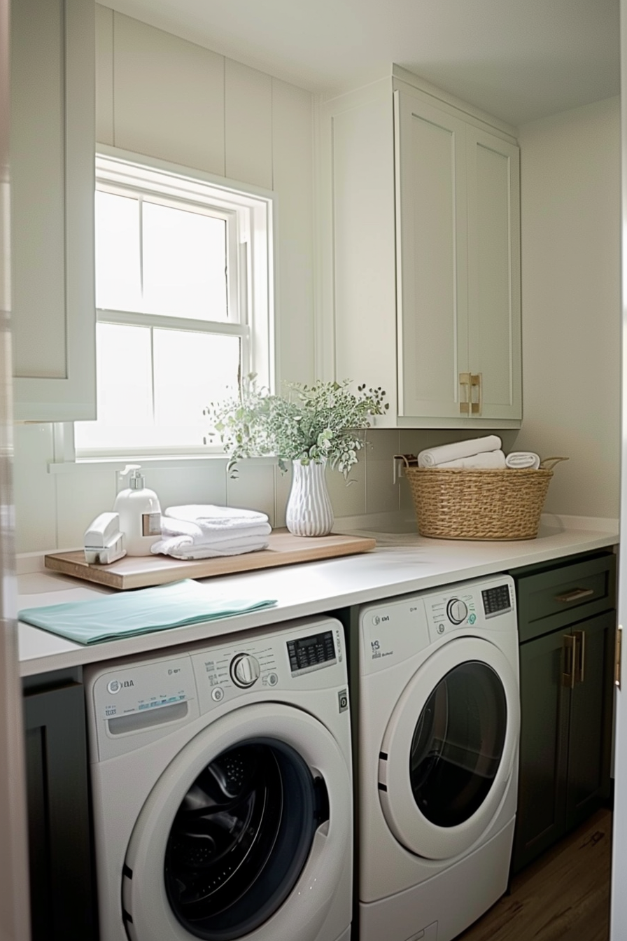 Bright laundry room with a washing machine and dryer, wooden countertop, wicker basket, white towels, and a vase of flowers by the window.