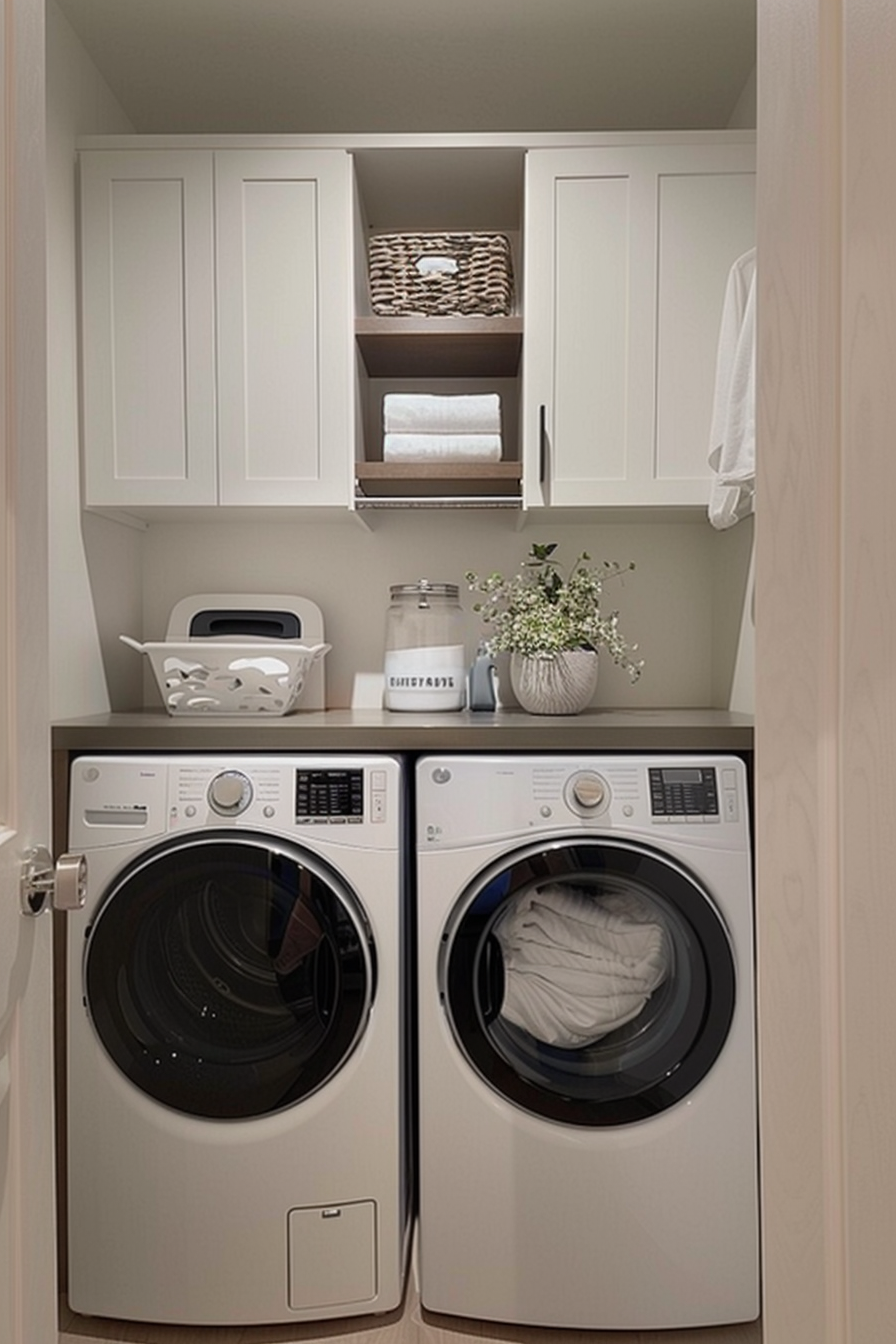 Modern laundry room with stacked white cabinets, front-loading washer and dryer, and decorative plant.