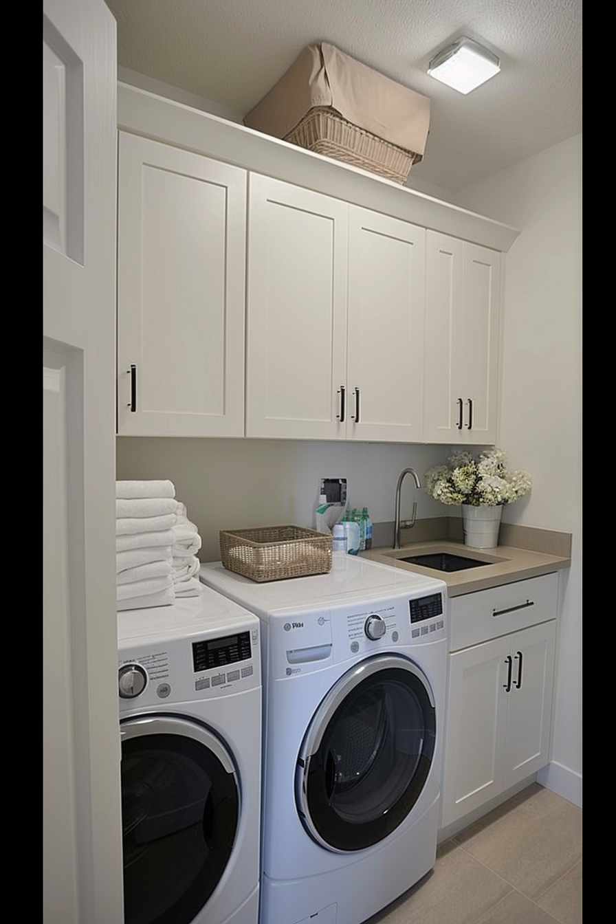 Modern laundry room with white cabinetry, washer, dryer, and built-in sink.