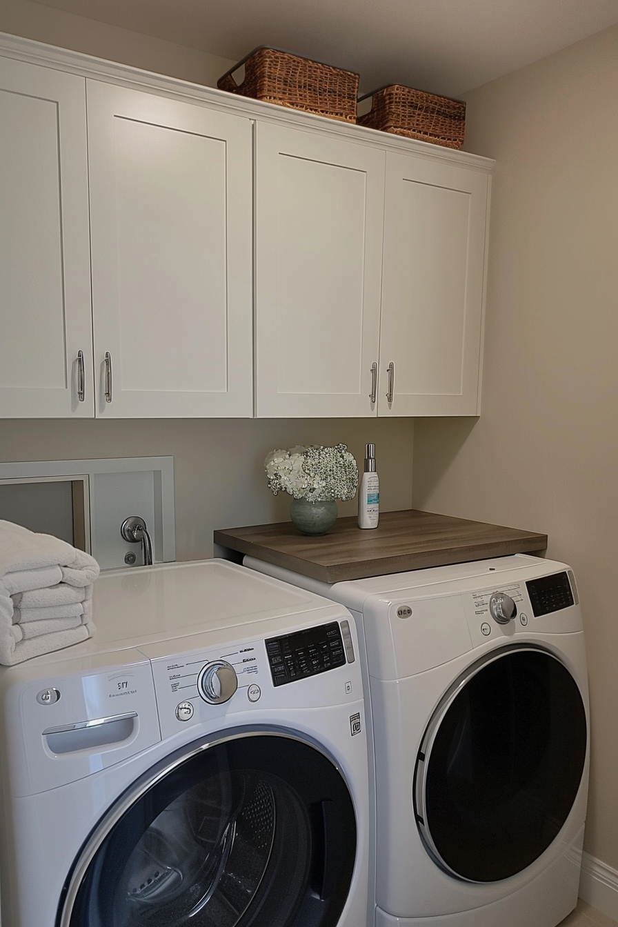 A modern laundry room with white washer, dryer, cabinetry, a vase of flowers, and wicker baskets on top shelf.
