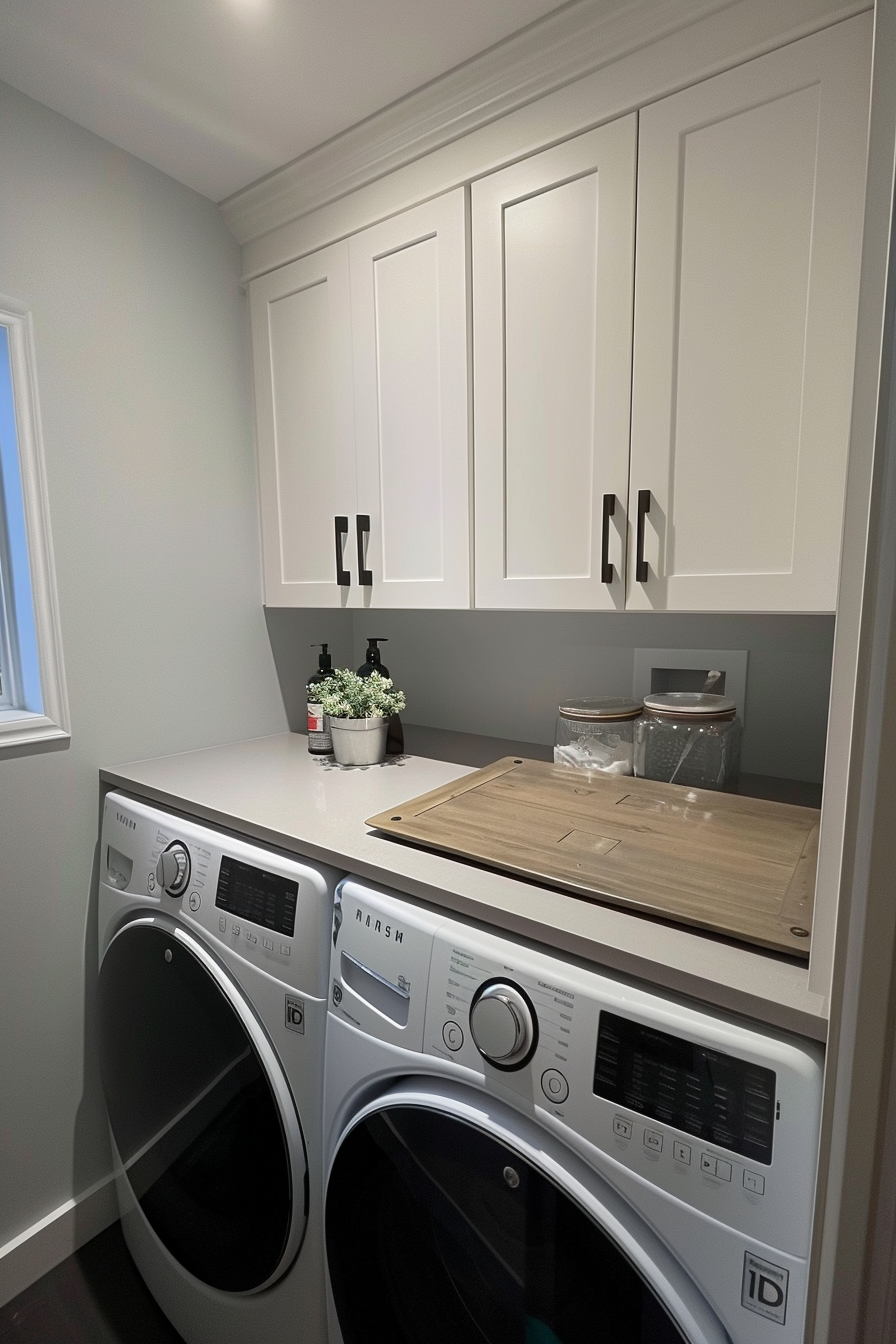 Modern laundry room with white cabinets, washer, and dryer, plus a countertop with decorative items.