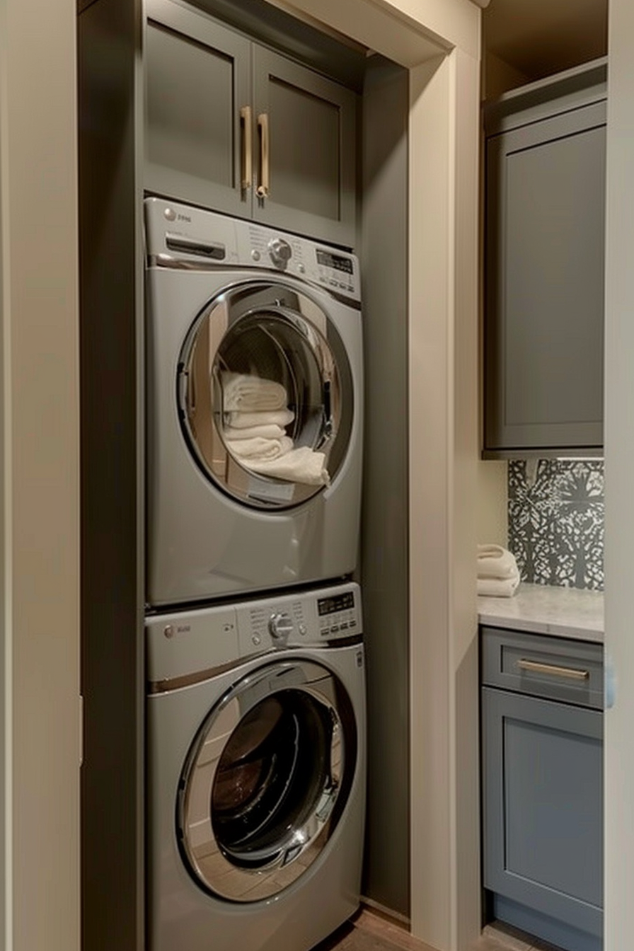 Stacked washing machine and dryer in a modern laundry space with gray cabinetry and patterned backsplash.