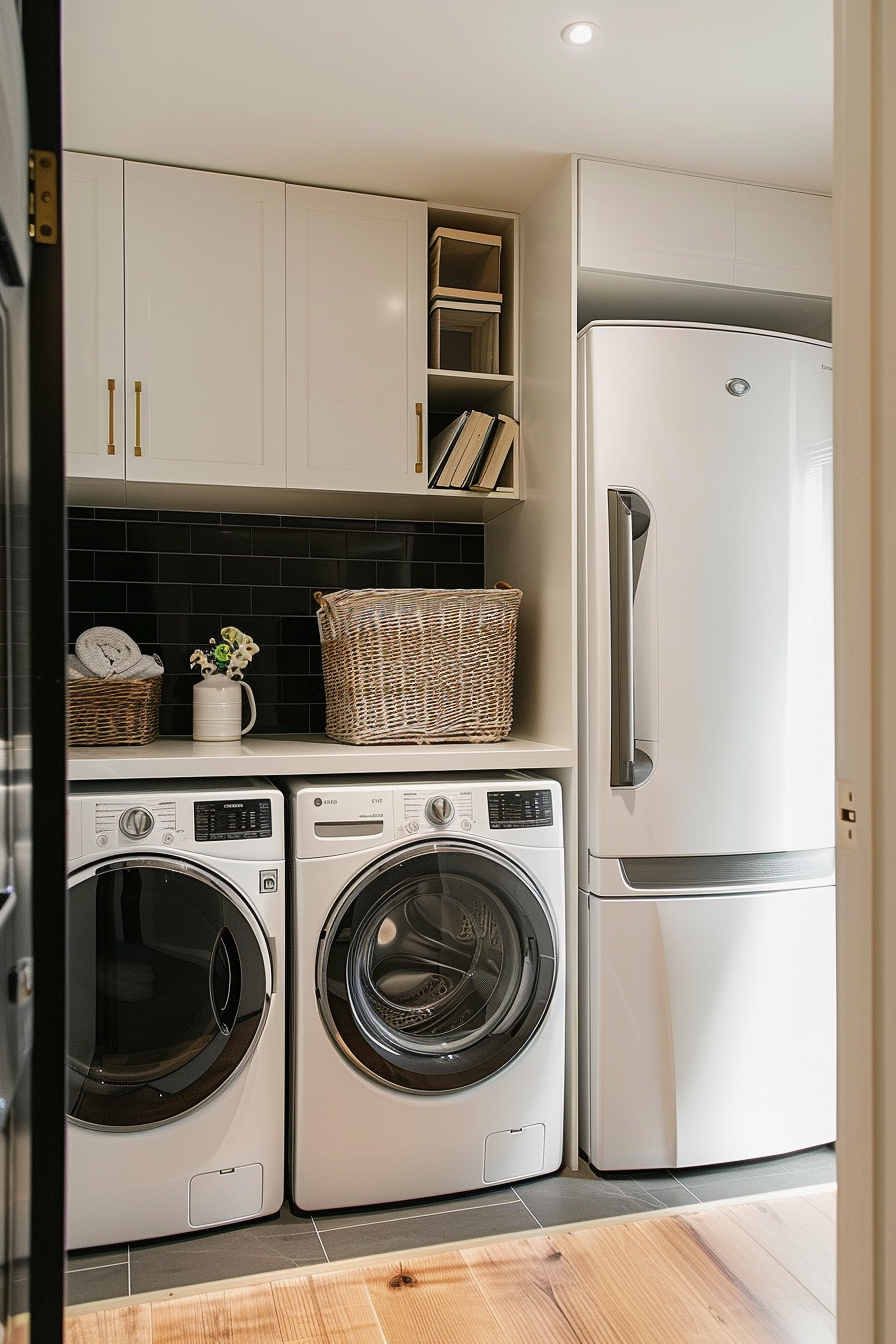 Modern laundry room interior with white cabinets, washing machine, dryer, and a refrigerator beside a black tiled backsplash.