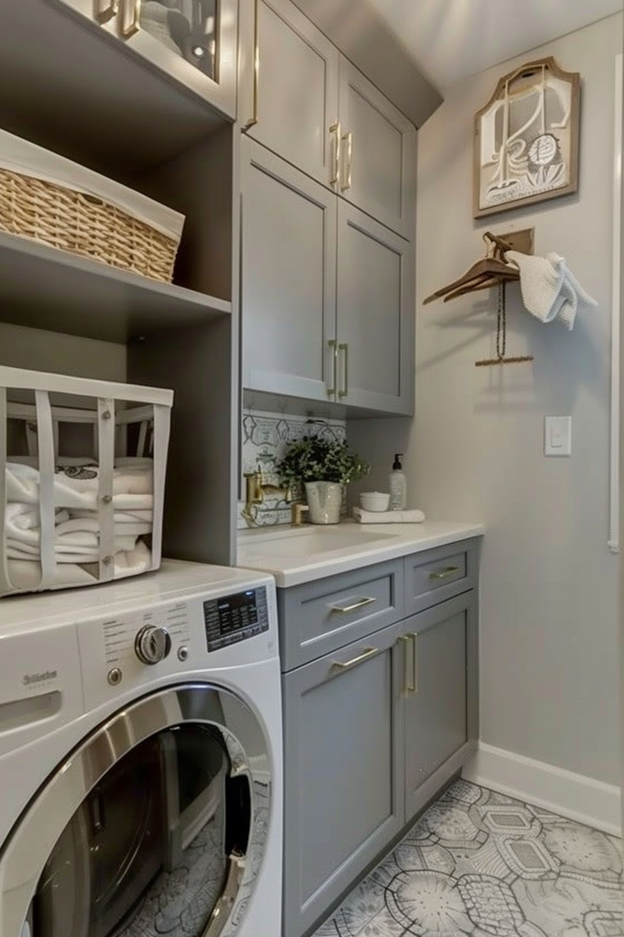 Modern laundry room with gray cabinets, a washing machine, open shelving, and decorative items.