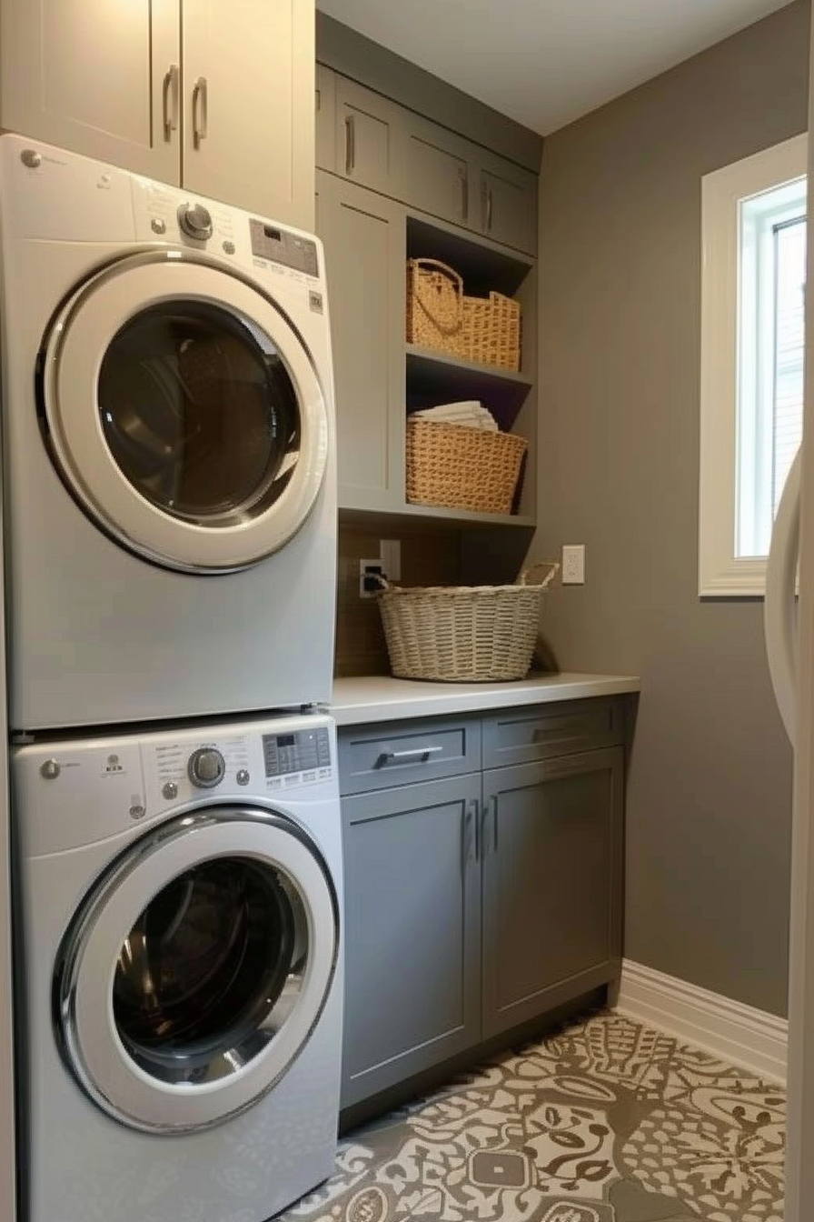 A modern laundry room with stacked washer and dryer, grey cabinets, wicker baskets, and a patterned rug.