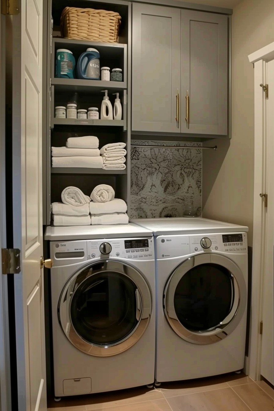 A modern laundry room with stacked washer and dryer next to shelves with towels and cleaning supplies.