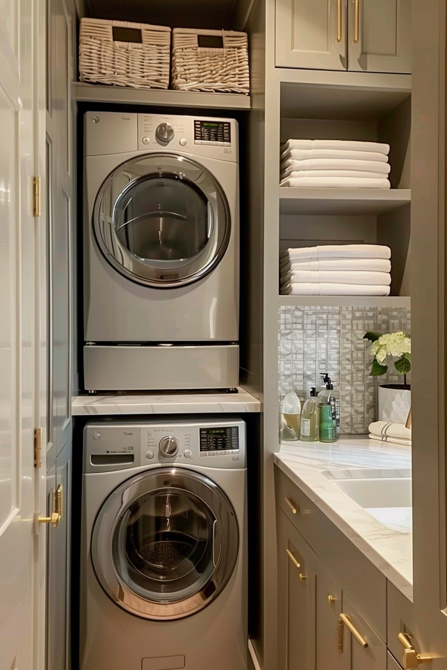 Stacked washer and dryer with shelving units holding towels and baskets, adjacent to a sink and countertop.