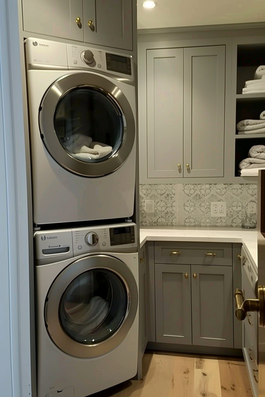 Stacked washer and dryer with a cabinet full of folded towels and a patterned backsplash in a home laundry room.