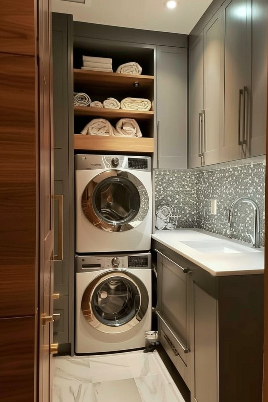 Modern laundry room with stacked washer and dryer, built-in shelves with towels, sink, and mosaic backsplash.