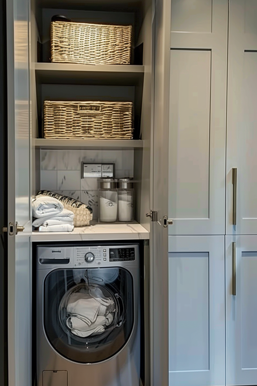 Modern laundry closet with a washing machine and organized shelves with baskets and towels.