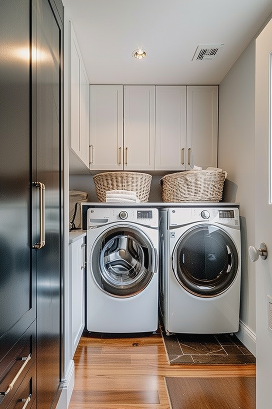 Modern laundry room with a washer, dryer, white cabinets, and wicker baskets on wooden flooring.