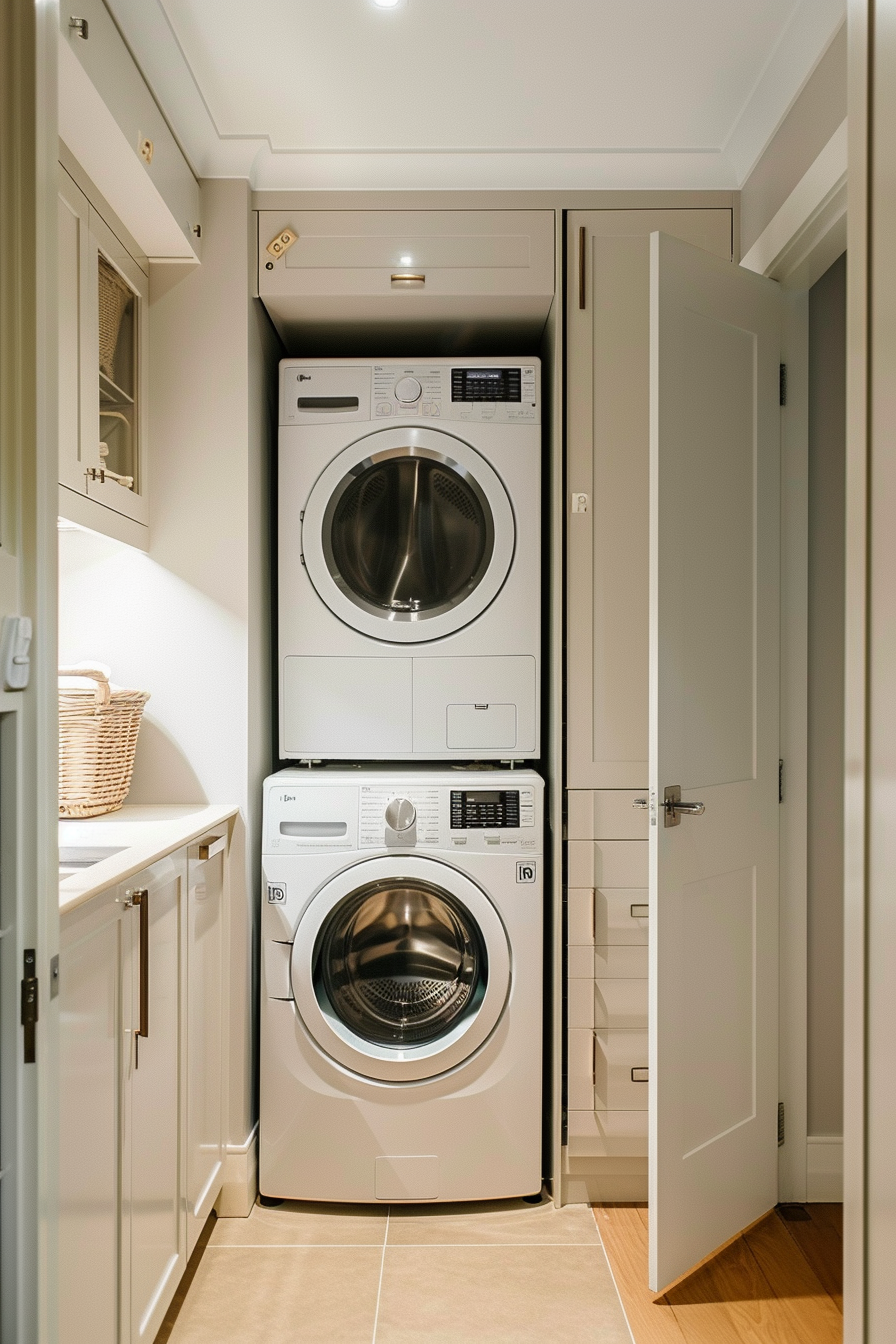 Stacked white washer and dryer in a modern home laundry closet with cabinets and a wicker basket.