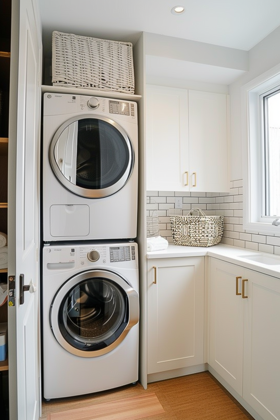 Stacked washing machine and dryer in a white, modern laundry room with cabinets and subway tile backsplash.