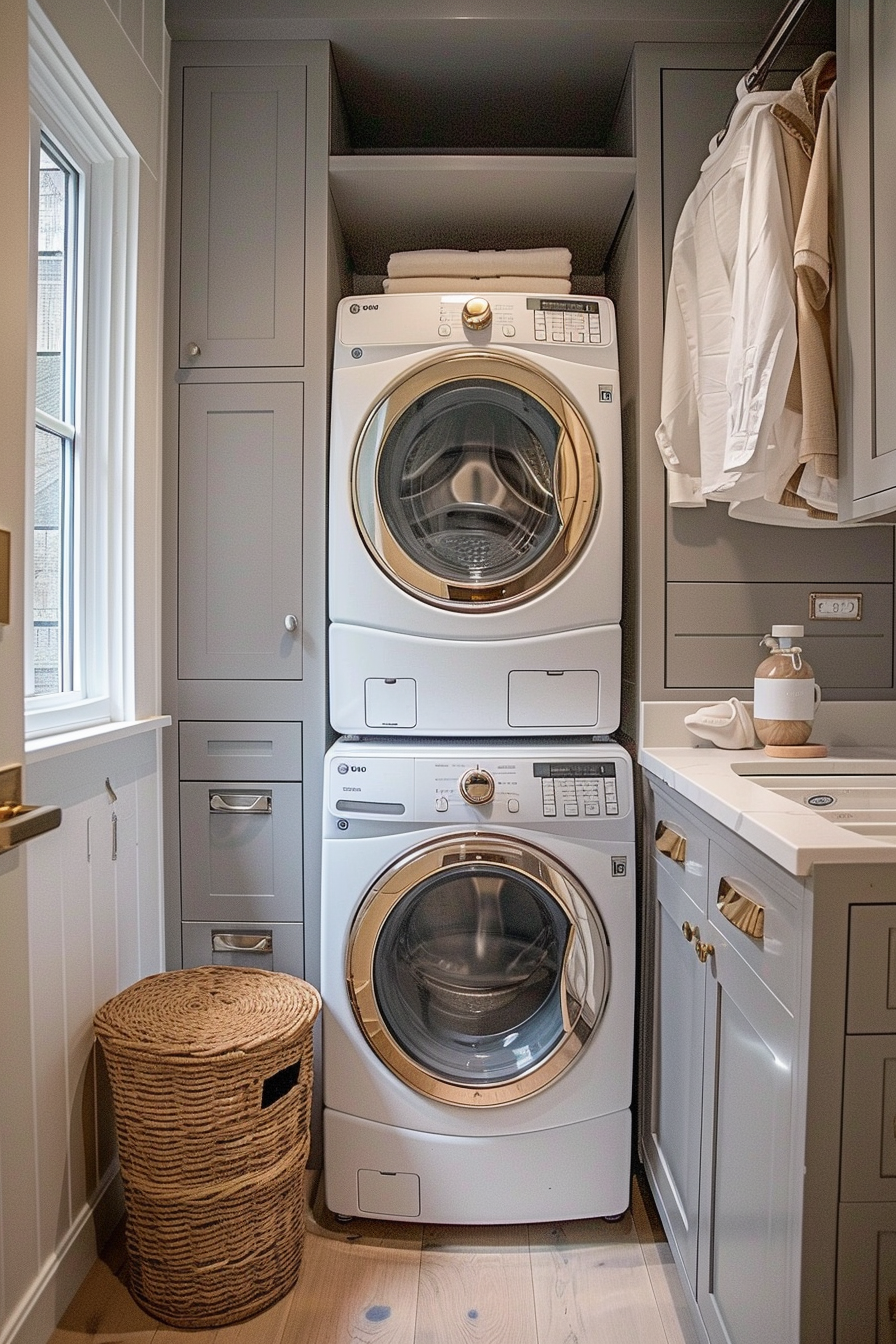 Stacked washing machine and dryer in a neat grey laundry closet with a wicker basket and white cabinetry.