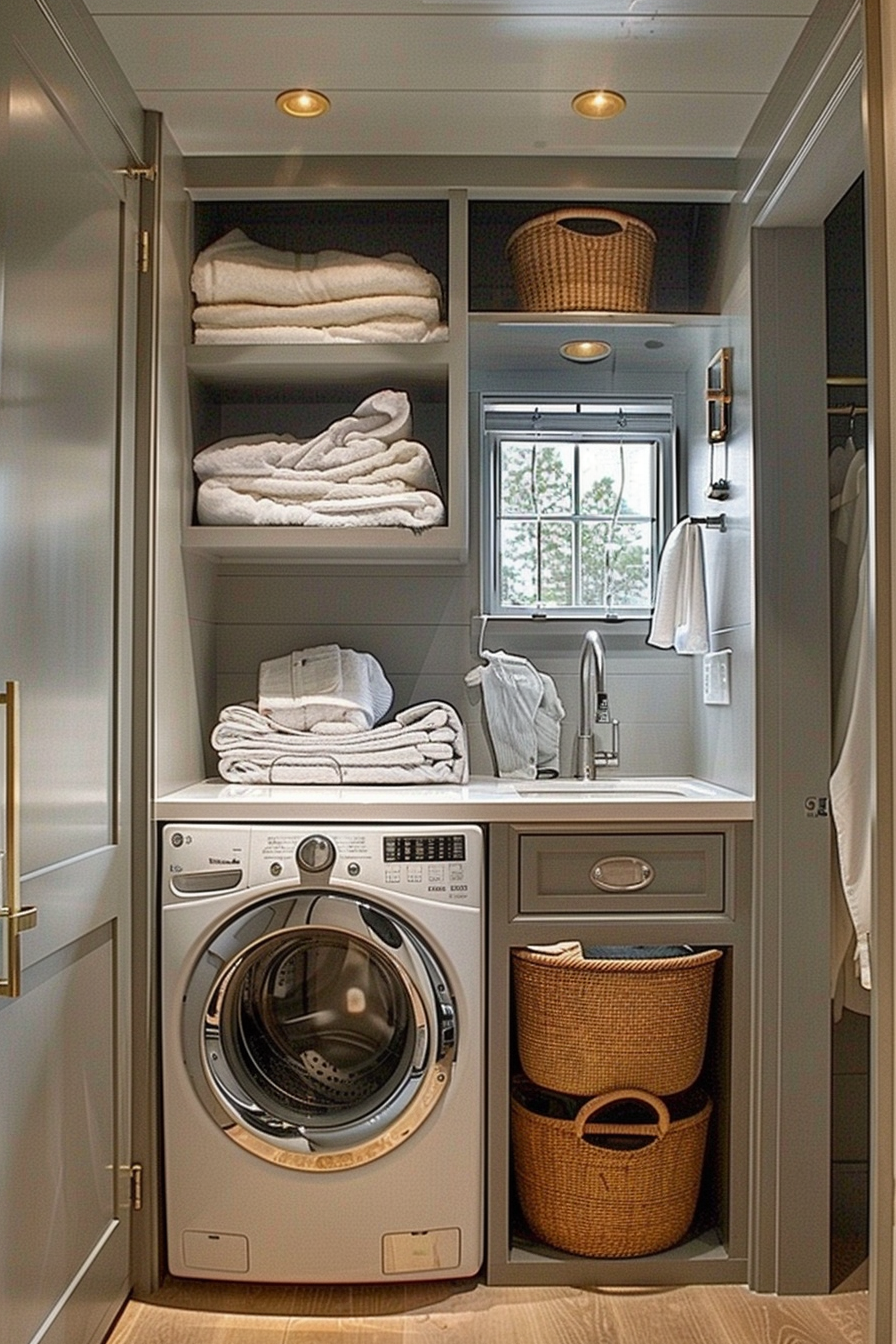 A cozy laundry closet with a front-loading washer, sink, and shelves stocked with neatly folded towels and wicker baskets.