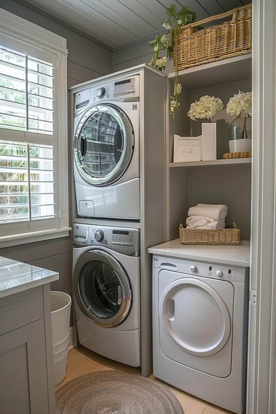 Stacked washer and dryer in a cozy laundry nook with storage shelves, a wicker basket, and a round rug on the floor.