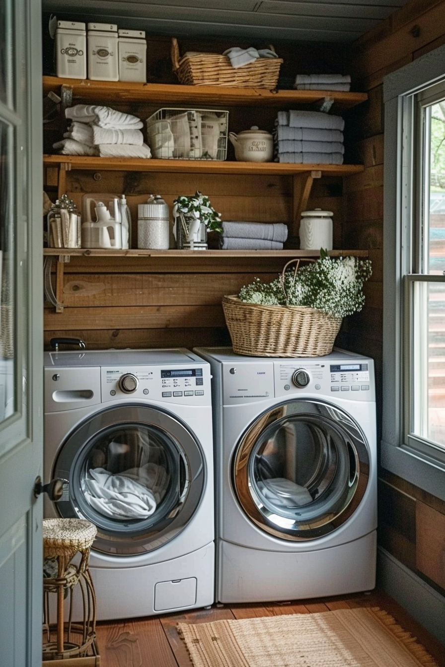 Cozy laundry room with modern washer and dryer under wooden shelves stocked with linens and cleaning supplies.